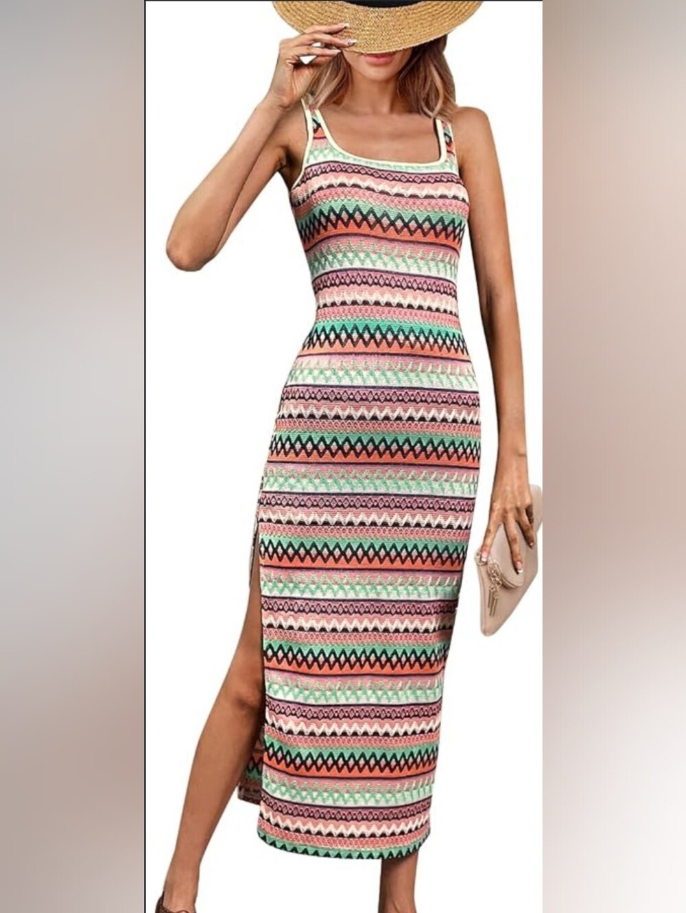 Fashion Geometric Knit striped Sleeveless Bodycon Midi Dress Lined Stretch Sz M